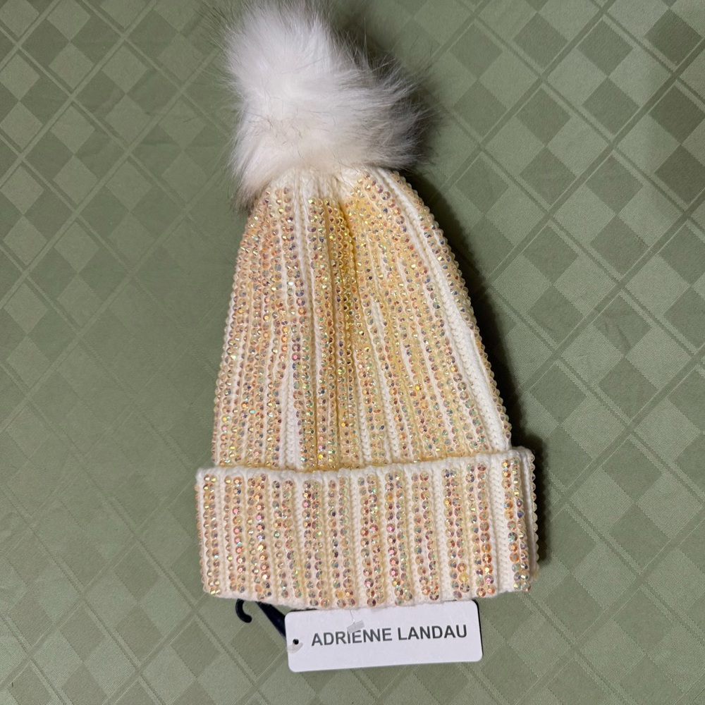 Adrienne Landau O/S White Bling Pom Beanie Hat Rhinestone Fashion Ski